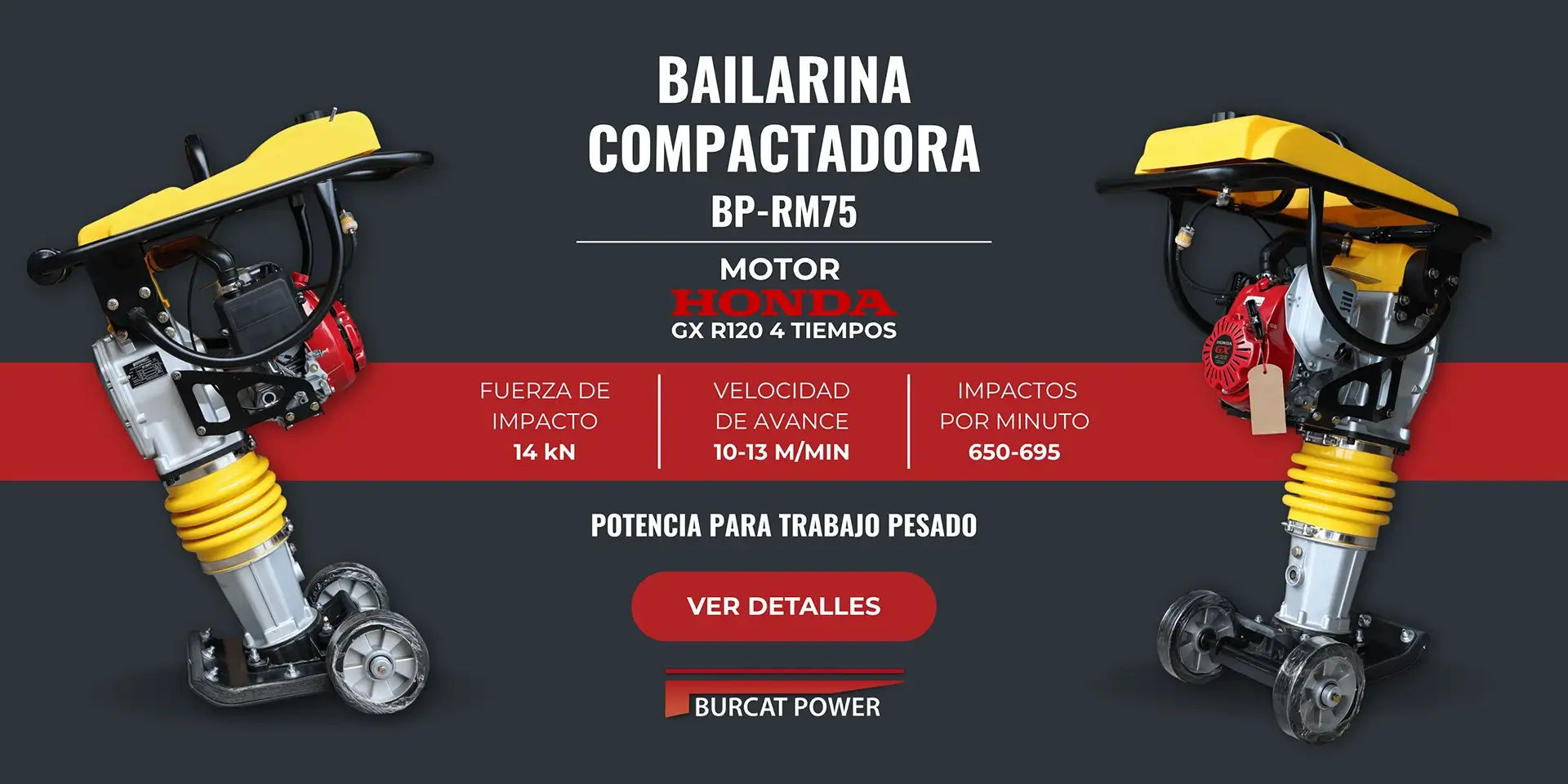 Bailarina compactadora Burcat Power BP-RM75 con motor Honda GX R120 y 14 kN de fuerza de impacto