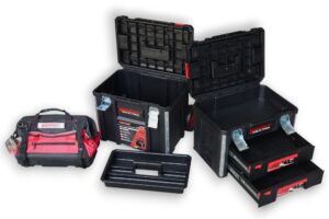 Juego de cajas de herramientas Burcat Power apilado: caja con ruedas, caja con cajones y bolsa cargo